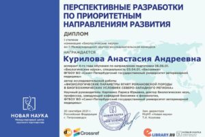 Ассистент кафедры биохимии и физиологии Курилова А.А. отмечена дипломом в  конкурсе «Перспективные разработки по приоритетным направлениям развития».